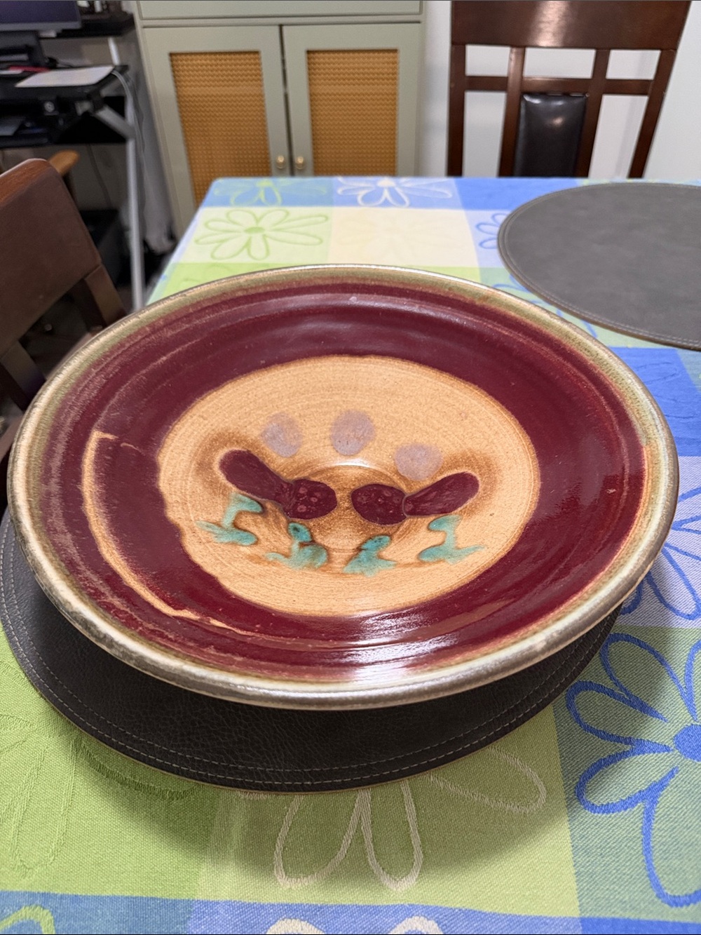 Handmade Glazed Charger Plate in Burgundy and Tan